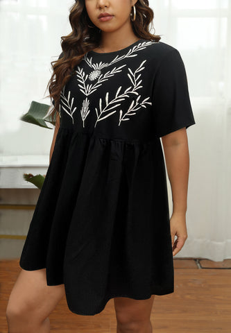 Finjani Plus Size Women's Dresse Black Hem Shirred Waist Dresses Crewneck Chic And  A-line Dress