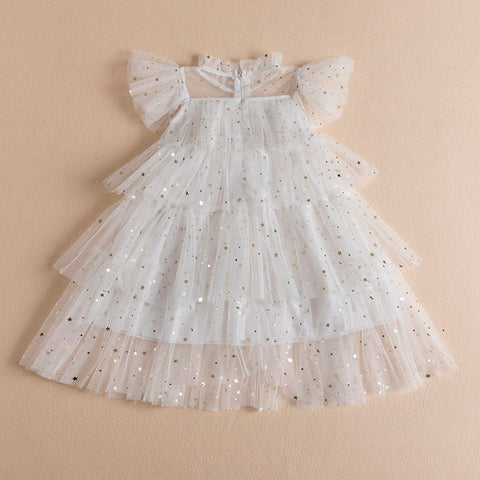 Little Girls Summer Dresses Sequins Tulle Kids Birthday Wedding Party Princess Dress 3 6 8 Yrs Elegant Children Casual Clothing