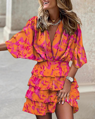 MOVOKAKA Ladies Spring Summer Sexy Beach Dress Batwing Sleeve V-neck Beam Waist Casual Mid Dress For Women Print Tierred Dresses