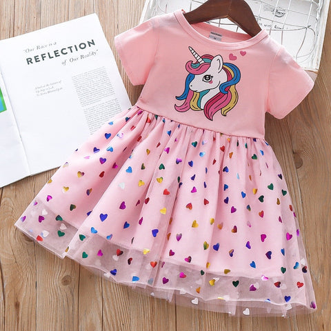 Girls Unicorns Dresses 2023 Summer Baby Girls Sequins Embroidery Dress Kids Elegant Princess Party Vestidos Children Tulle Dress