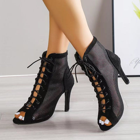 Sandals Hollow Mesh Heels women's Shoes Summer 2022 Trend Black Lace-Up Sexy Peep Toe Boots Stilettos Jazz Dance Female Shoes