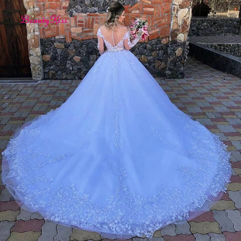 White Princess Ball Gown Wedding Dress 2022 Lace Appliques Long Sleeves Wedding Gowns Plus Size Robe De Mariee