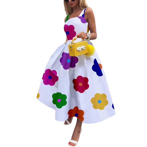 Uoozee 2023 New Women Sweet Style Floral Printed Square-Neck Elegant Party Evening A-Line Dress Summer Prom Midi Dresses