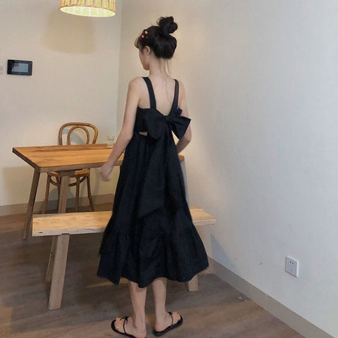 Holiday Women Dresses Green Summer Japanese Style Cute Bow Design Spaghetti Straps Female Party Wear Casual Loose Soft Vestidos