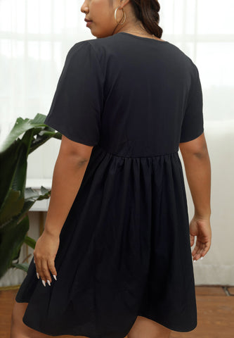 Finjani Plus Size Women's Dresse Black Hem Shirred Waist Dresses Crewneck Chic And  A-line Dress