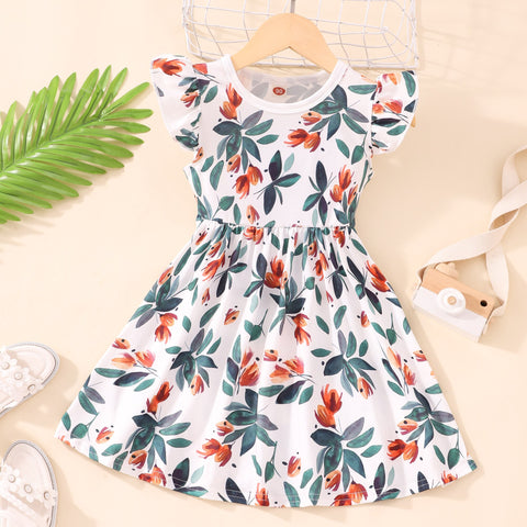Summer Dress for Girls Lovely Cartoon Animal Dinosaur Flying Sleeve Kids Dresses Cotton Ruffles New Toddler Girl Clothes 1-7Y