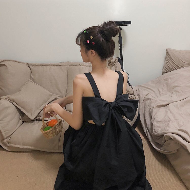 Holiday Women Dresses Green Summer Japanese Style Cute Bow Design Spaghetti Straps Female Party Wear Casual Loose Soft Vestidos