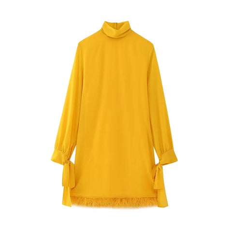 Nlzgmsj TRAF  Women Fashion Sexy Mini Tassel Dress Evening Party Elegant Long Sleeves bow decoration Evening Dress