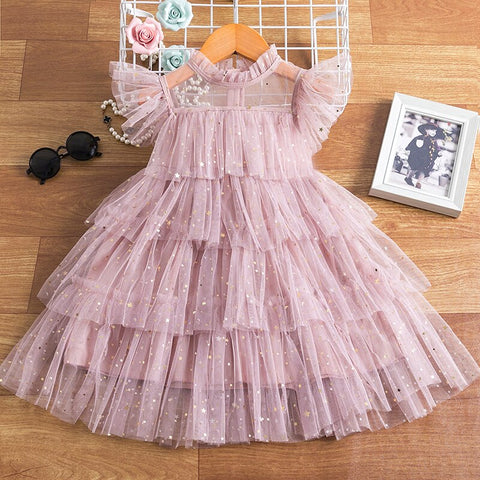 Little Girls Summer Dresses Sequins Tulle Kids Birthday Wedding Party Princess Dress 3 6 8 Yrs Elegant Children Casual Clothing