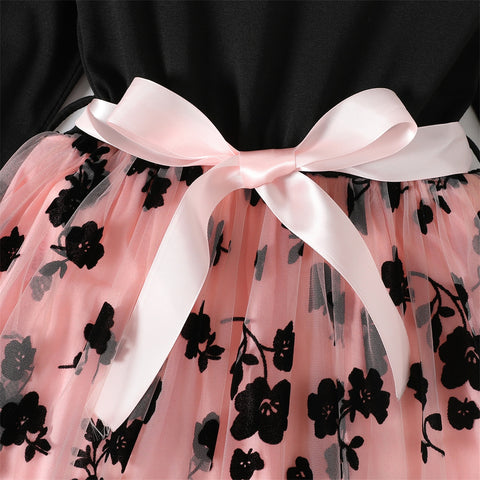 PatPat Kid Girl Dresses Floral Embroidered Belted Mesh Splice Long-sleeve Dress