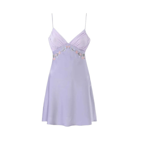 Suninheart  Summer Elegant A Line Embroidery Dress Lilac V Neck Spaghetti Strap Chiffon Holiday Party Dress Lace Up Women Dress
