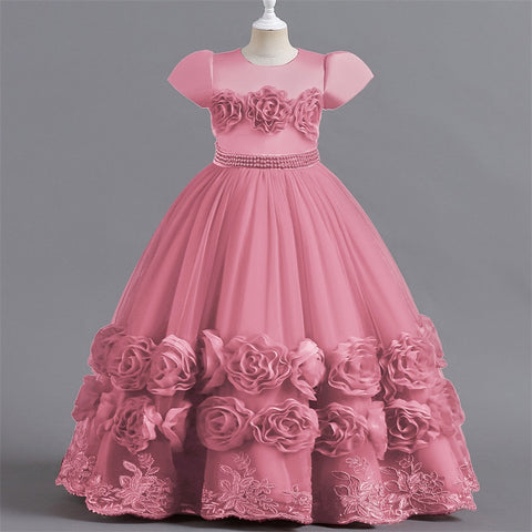 Floral Embroidery Elegant Kids Wedding Dresses Lace Mesh Children's Long Formal Princess Dress For Girls Evening Dresses