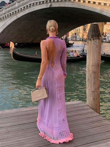 Women Long Knit Dress Contrast Color Hollow-Out See-Through One Shoulder Long Sleeve Beach Dress Bikini Cover-Ups