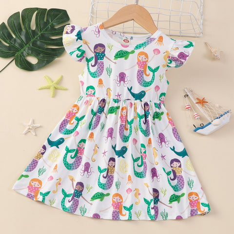 Summer Dress for Girls Lovely Cartoon Animal Dinosaur Flying Sleeve Kids Dresses Cotton Ruffles New Toddler Girl Clothes 1-7Y