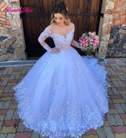 White Princess Ball Gown Wedding Dress 2022 Lace Appliques Long Sleeves Wedding Gowns Plus Size Robe De Mariee