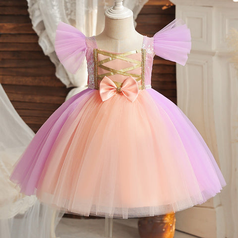 Toddler Girl Party Princess Dress Baby Champagne 1st Birthday Outfits Kids Summer Puff Sleeve Sequin Tutu Gown Girl Gala Clothes