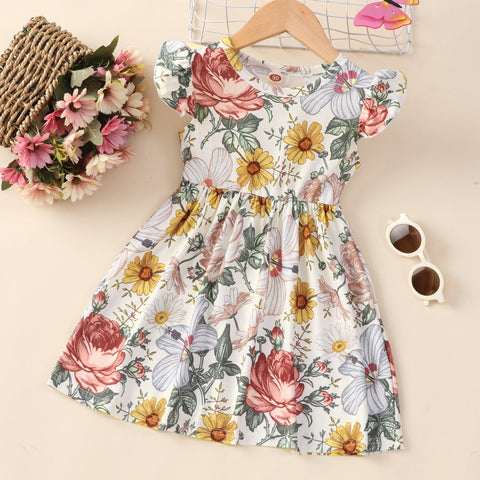 Summer Dress for Girls Lovely Cartoon Animal Dinosaur Flying Sleeve Kids Dresses Cotton Ruffles New Toddler Girl Clothes 1-7Y