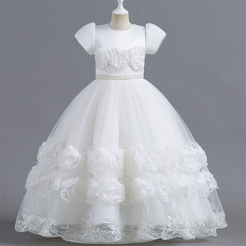 Floral Embroidery Elegant Kids Wedding Dresses Lace Mesh Children's Long Formal Princess Dress For Girls Evening Dresses