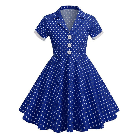 Kids Girls 50s Audrey Vintage Polka Dot Swing Party Rockabilly Dress Retro Peter Pan Doll Collar Wedding Casual Skater Dress