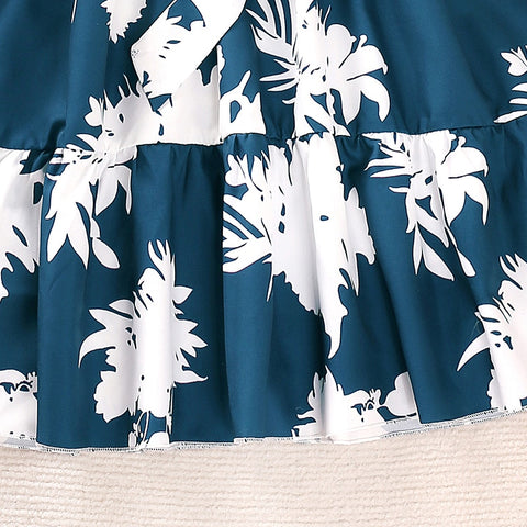 Girls' Summer Knee Length Skirt Casual Style Polyester Small Round Neck Hanging Neck Sleeveless Printed Dress Belt Comfortable