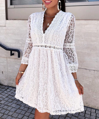 White Vintage Lace Dress Women Sexy Deep V-neck Hollow Out Long Sleeve Dresses For Women 2023 Spring Autumn Black Mini Dress