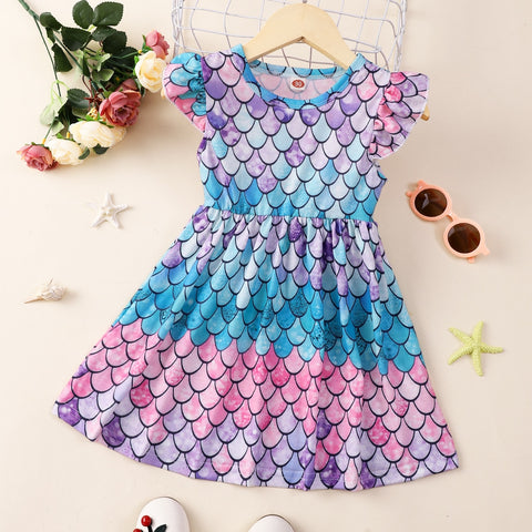 Summer Dress for Girls Lovely Cartoon Animal Dinosaur Flying Sleeve Kids Dresses Cotton Ruffles New Toddler Girl Clothes 1-7Y