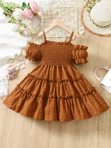 Girls Shirred Puff Sleeve Frill Trim Flowers Pattern Party Dress Kids Summer Clothes