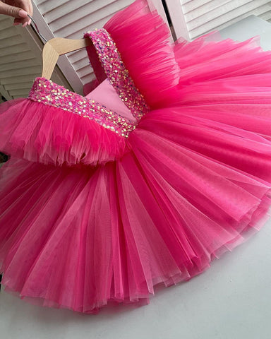 Girls Rose Red Party Princess Dress Kids Sequined Shiny Bithday Ceremony Clothes Children Tulle Ball Gown For Wedding Size 3-8T