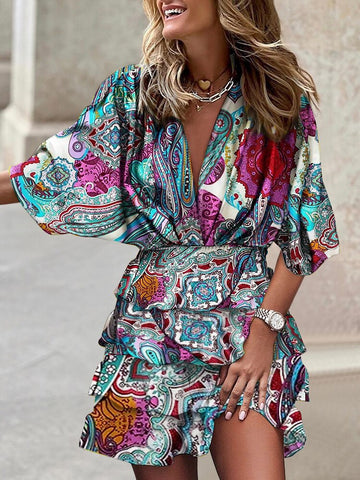 MOVOKAKA Ladies Spring Summer Sexy Beach Dress Batwing Sleeve V-neck Beam Waist Casual Mid Dress For Women Print Tierred Dresses
