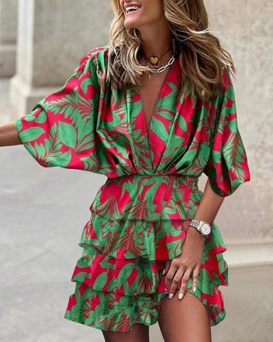 MOVOKAKA Ladies Spring Summer Sexy Beach Dress Batwing Sleeve V-neck Beam Waist Casual Mid Dress For Women Print Tierred Dresses