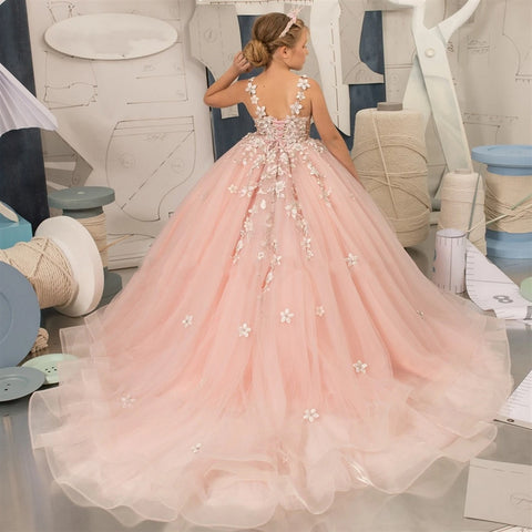 Pink Tulle Flower Girl Dresses for Weddings Elegant Birthday Princess Kids Evening Party Prom First Communion Pageant Ball Gowns