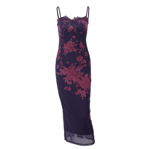 Xeemilo Mesh Vintage Spaghetti Straps Dress Sexy Backless Lace Up Print Dresses 2023 Summer New Elegant Women Slim Split Robe
