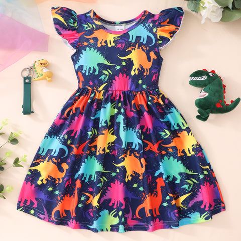 Flying Sleeve Dress Baby Girls Kids Party Tutu Ruffle Rainbow Dinosaur Dress Cotton Newborn Costume for 2-9Y