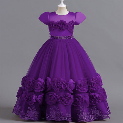 Floral Embroidery Elegant Kids Wedding Dresses Lace Mesh Children's Long Formal Princess Dress For Girls Evening Dresses