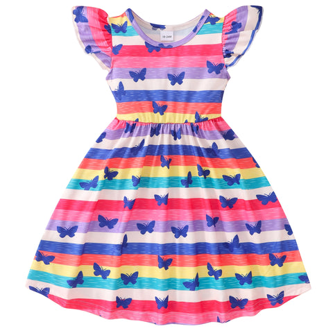 New Girls Dress Flying Sleeve Dress Baby Girls Kids Party Tutu Ruffle Rainbow Butterfly Dresses Cotton Newborn Costume for 2-9Y