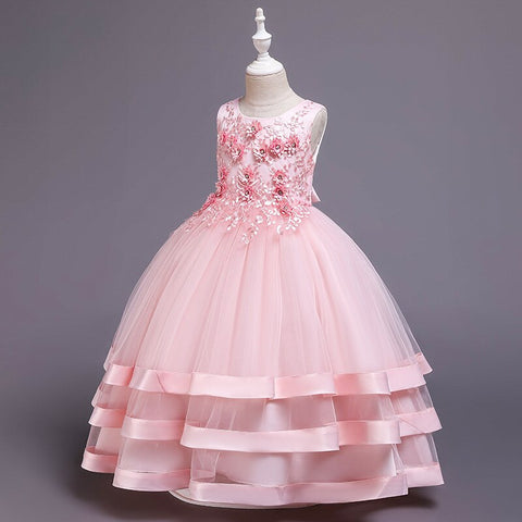 Summer New Children Fashion Embroidery Pearl Trailing Dress Middle And Big Children Party Flower Girl Piano Performance Clothing