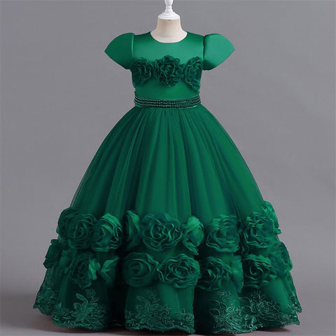Floral Embroidery Elegant Kids Wedding Dresses Lace Mesh Children's Long Formal Princess Dress For Girls Evening Dresses
