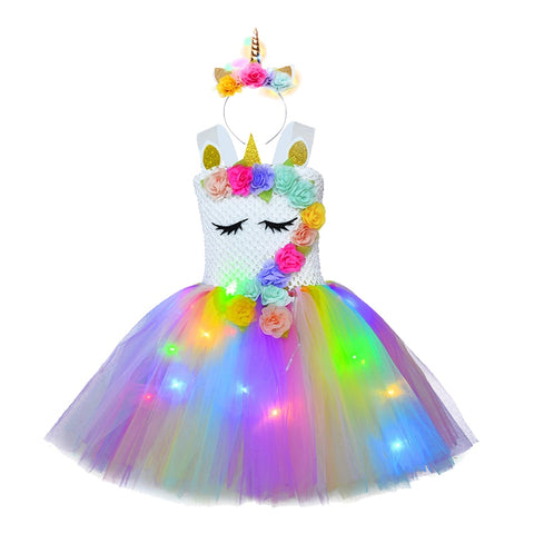 Girl Unicorn Dresses for Girls Tutu Princess Party Dresses with LED Lights Flower Birthday Party Cosplay Costume Girls Clothing
