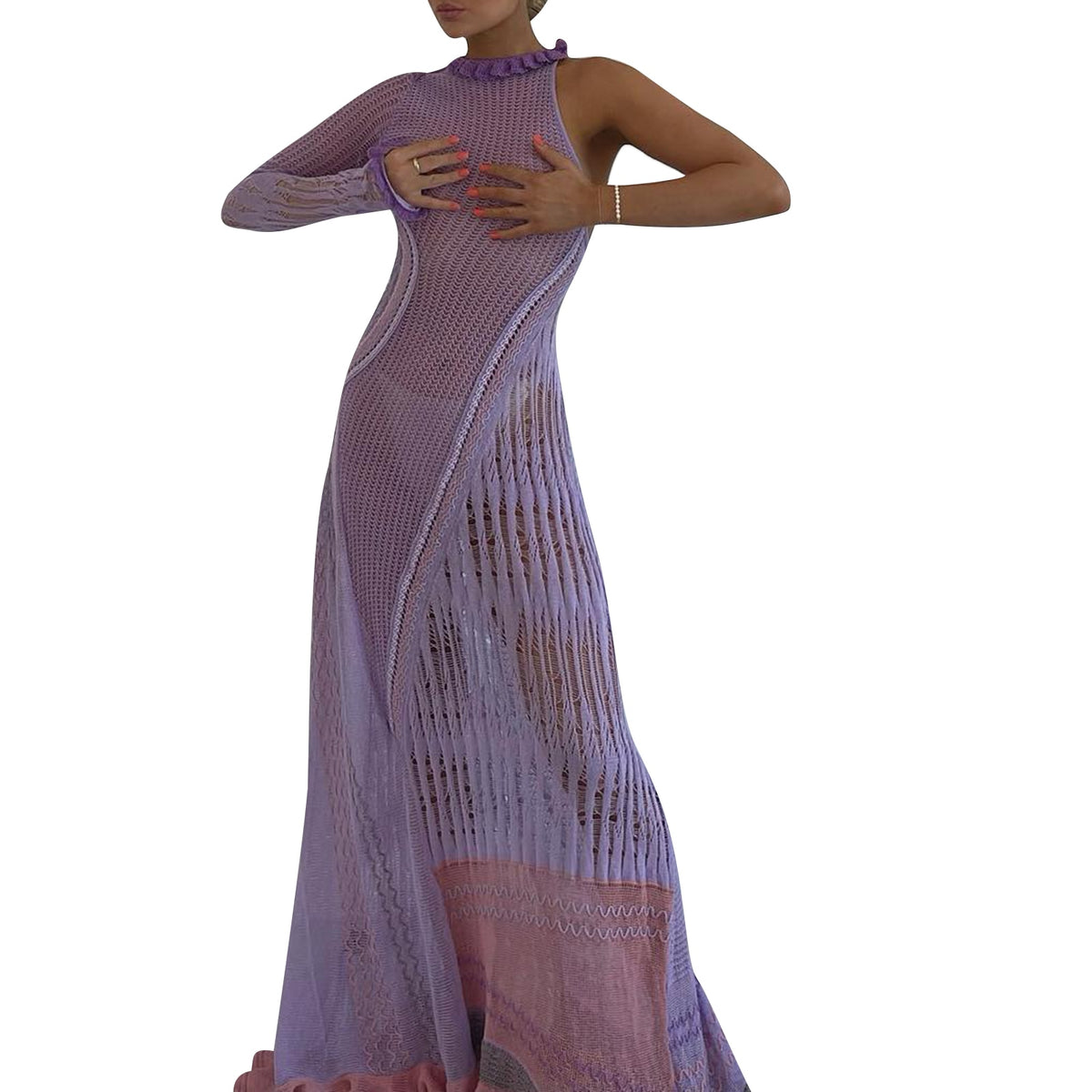 Women Long Knit Dress Contrast Color Hollow-Out See-Through One Shoulder Long Sleeve Beach Dress Bikini Cover-Ups