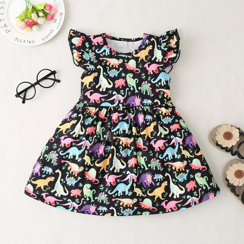 Summer Dress for Girls Lovely Cartoon Animal Dinosaur Flying Sleeve Kids Dresses Cotton Ruffles New Toddler Girl Clothes 1-7Y