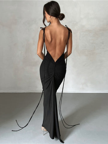 Pink Backless Sexy Maxi Dresses for Women 2023 Spaghetti Strap Ruched Bodycon Dress Wedding Evening Party Dress Elegant Luxury