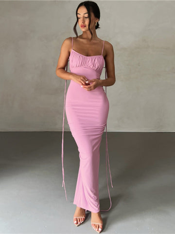 Pink Backless Sexy Maxi Dresses for Women 2023 Spaghetti Strap Ruched Bodycon Dress Wedding Evening Party Dress Elegant Luxury
