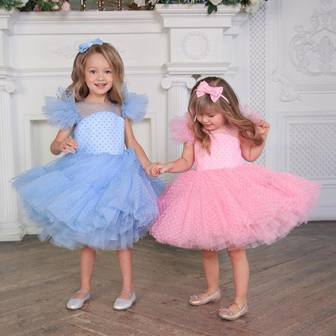 Girls Princess Dress Kids Elegant Wedding Tutu Prom Dresses Children Tulle Flare Sleeve Communion Party Formal Evening Clothes