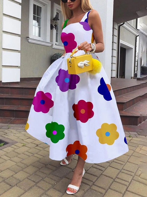 Uoozee 2023 New Women Sweet Style Floral Printed Square-Neck Elegant Party Evening A-Line Dress Summer Prom Midi Dresses