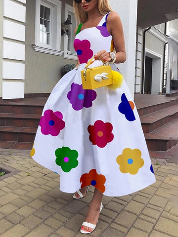 Uoozee 2023 New Women Sweet Style Floral Printed Square-Neck Elegant Party Evening A-Line Dress Summer Prom Midi Dresses