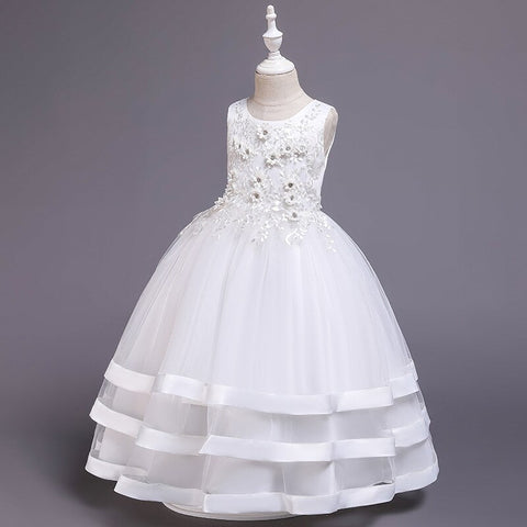Summer New Children Fashion Embroidery Pearl Trailing Dress Middle And Big Children Party Flower Girl Piano Performance Clothing
