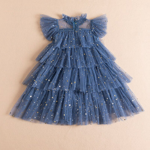 2023 New Sequin Summer Dress for Girls Tulle Layered Kids Birthday Party Dress Star Printing Children Summer Holiday Casual Wear