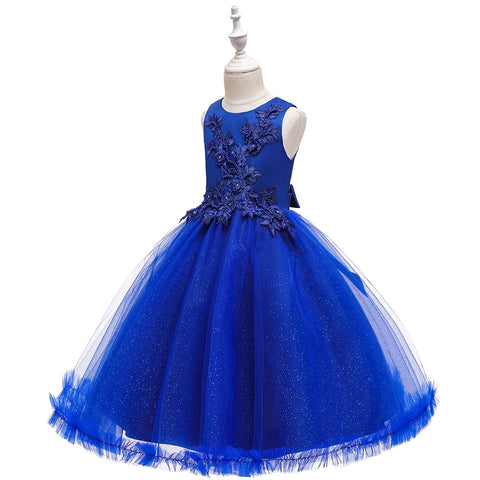 Pink Knee-Length Tulle Flower Girl Dress For Kids Round Neck Embroidered Child Party Dress For Girl 3-12 Years Old Sleeveless