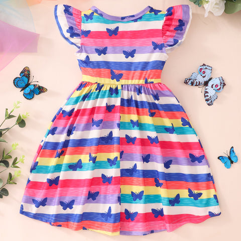 New Girls Dress Flying Sleeve Dress Baby Girls Kids Party Tutu Ruffle Rainbow Butterfly Dresses Cotton Newborn Costume for 2-9Y