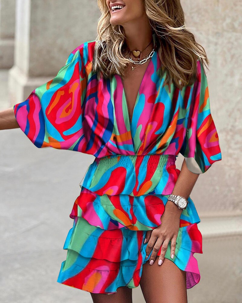 MOVOKAKA Ladies Spring Summer Sexy Beach Dress Batwing Sleeve V-neck Beam Waist Casual Mid Dress For Women Print Tierred Dresses
